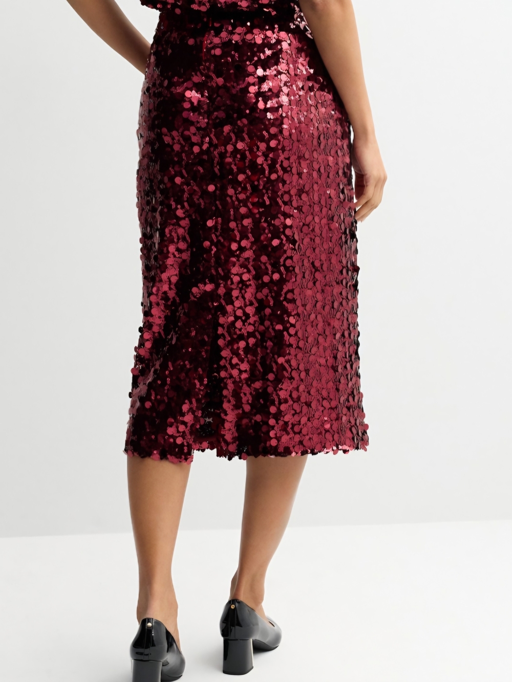 Sequin Midi Skirt in Wine Red